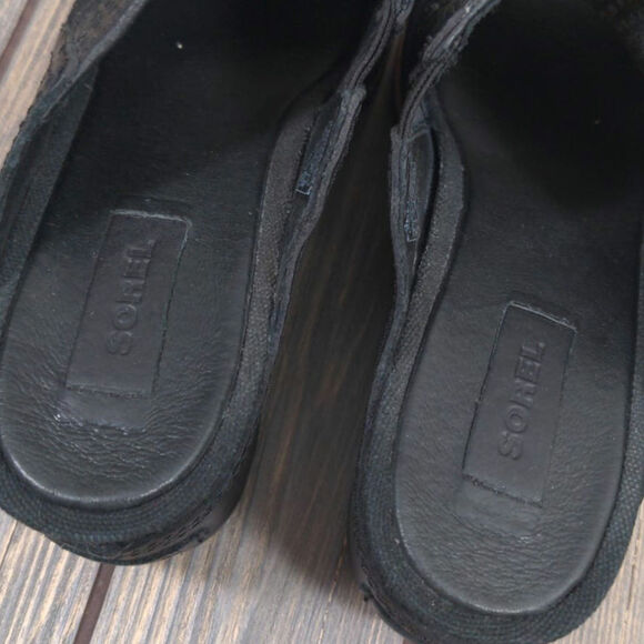 Sorel Womens Leather Suede Black Wedge Slip On Peep Toe Sandals Sz 9 - Picture 10 of 11